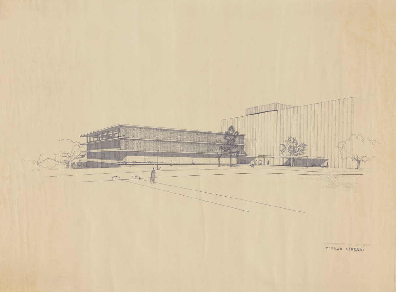 Line drawing of Fisher Library