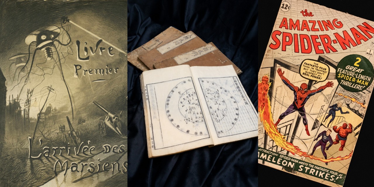 War of the Worlds; early Chinese astronomy textbooks; Spiderman comic book