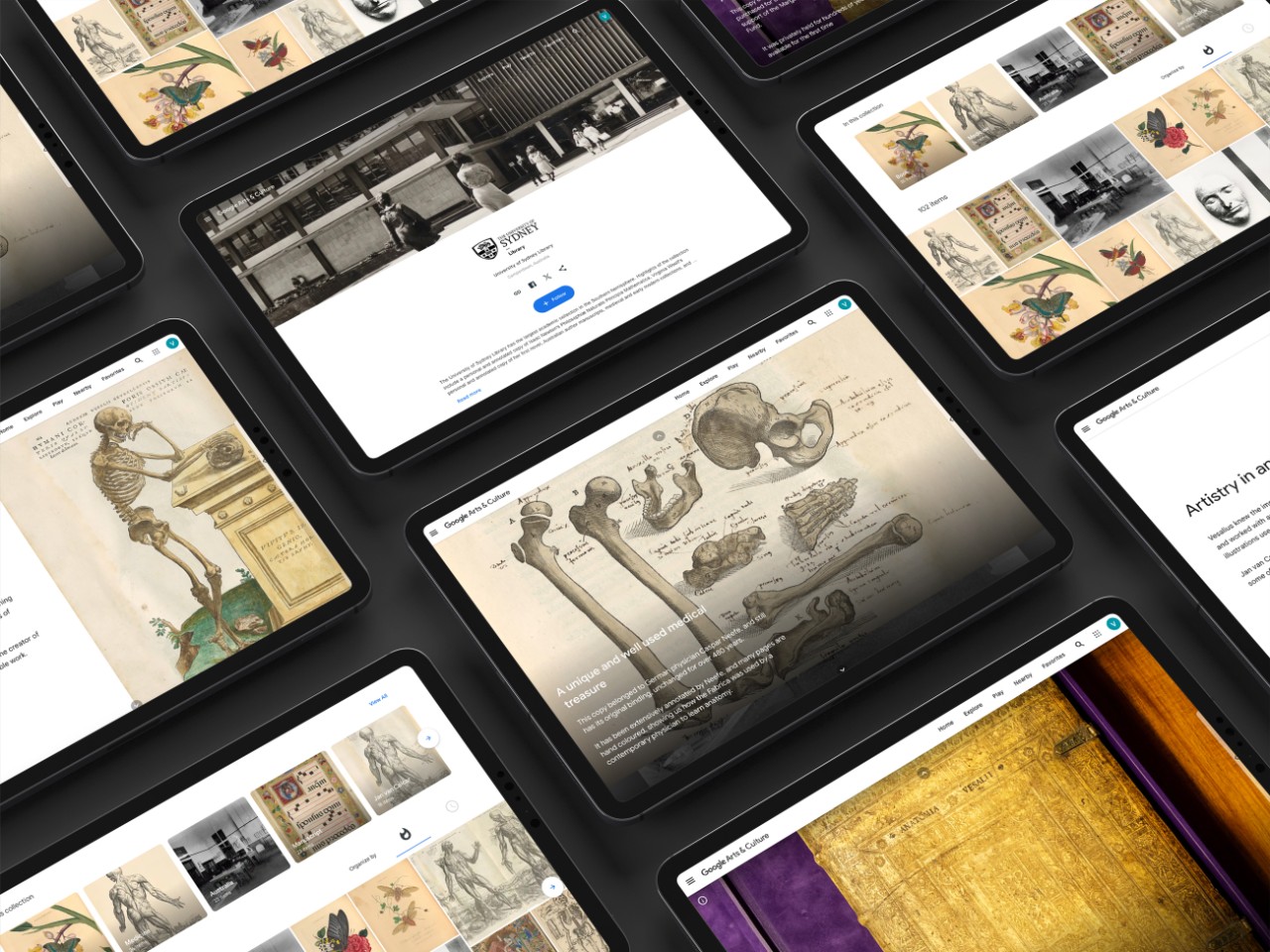 Ipad screens showing different screens from the Library's Google Arts and Culture page