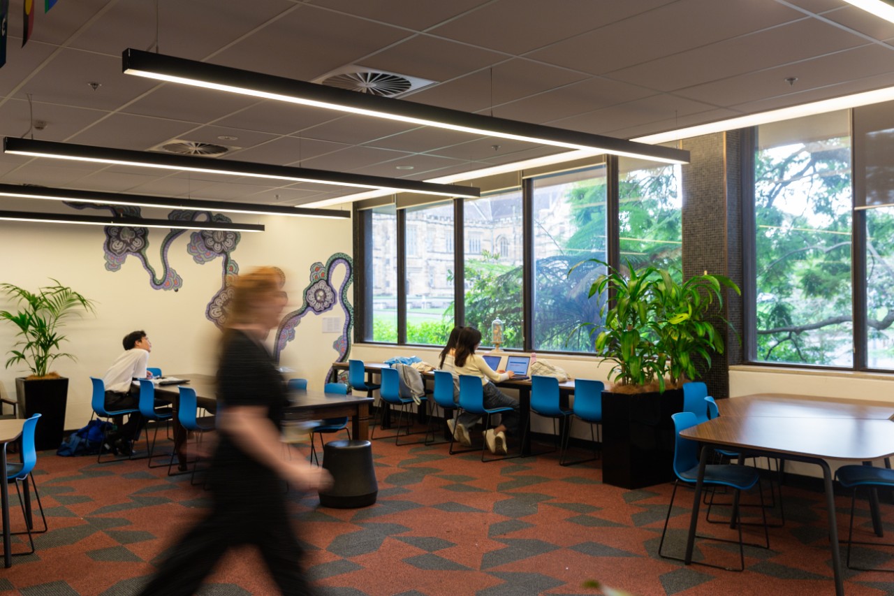 Aboriginal and Torres Strait Islander student space with elements of Jessie Waratah's artwork Walking on Country on the wall