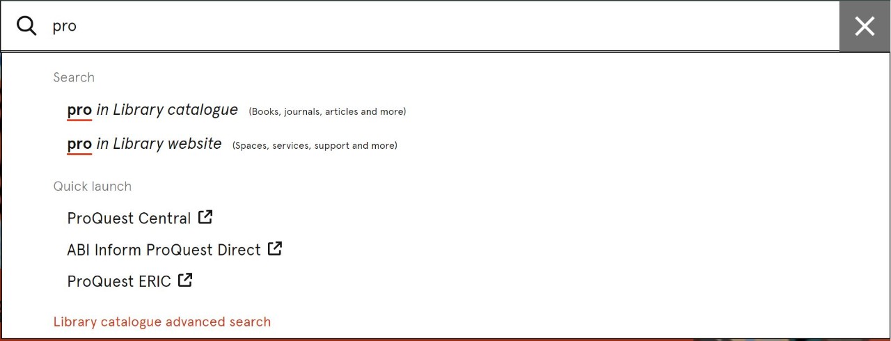 Screen capture of the new library search which allows for library catalogue, library website and to launch a database all from a single search box.