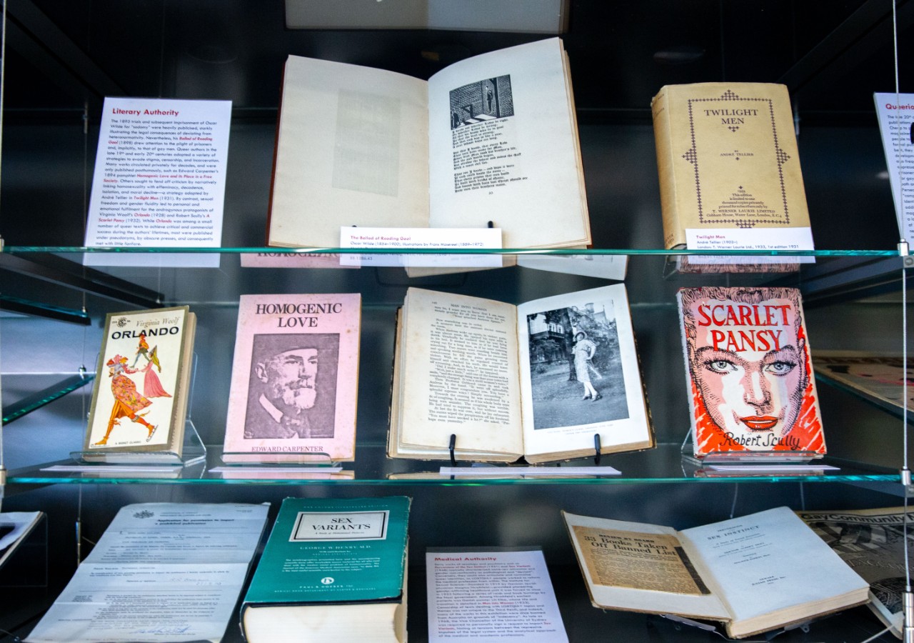 A photograph of several shelves of books in an exhibition. The following works are featured: The Ballad of Reading Gaol, Twilight Men, Orlando, Homogenic Love, Man Into Woman, Scarlet Pansy, Sex Variants, and Perversions of the Sex Instinct