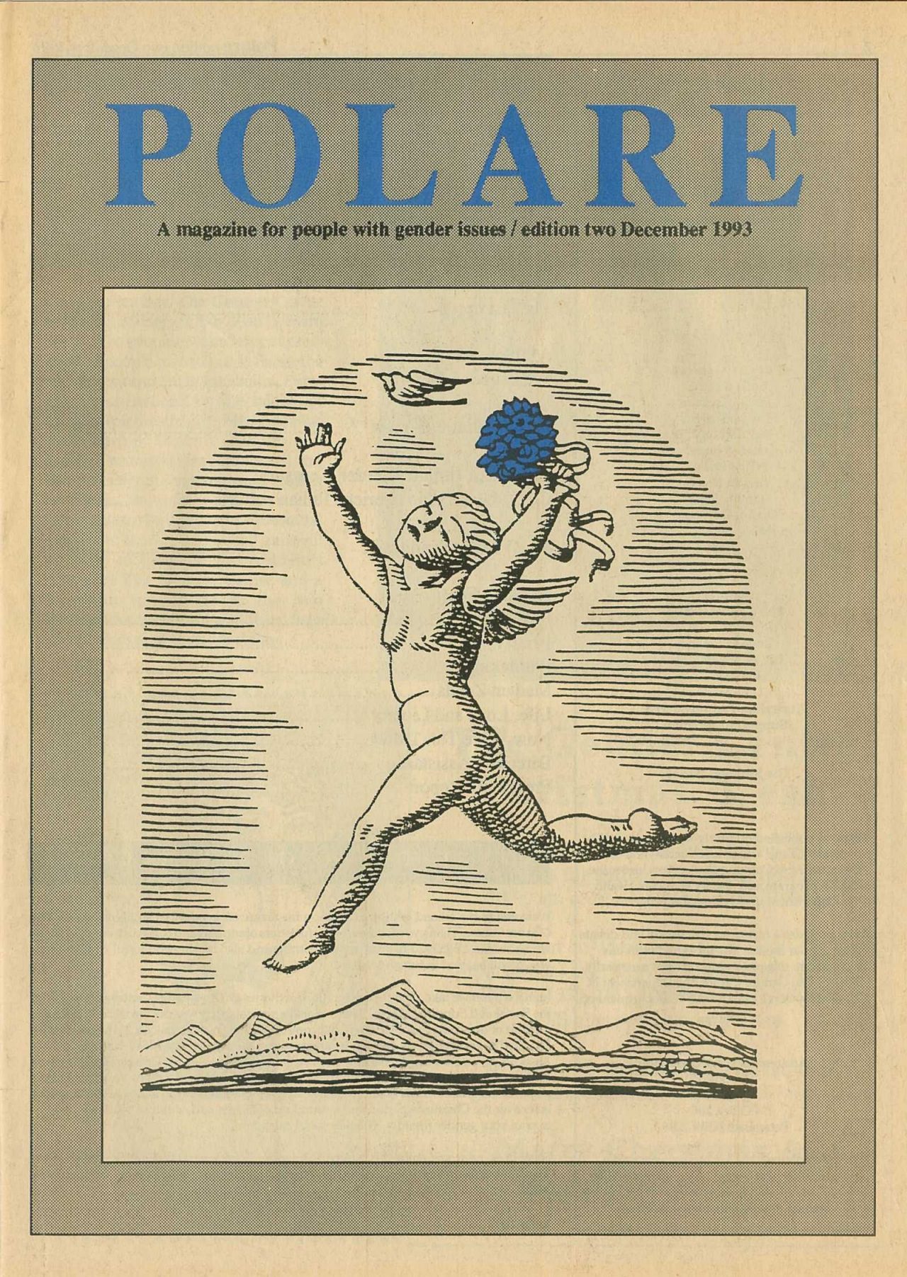 Magazine cover of POLARE: A Magazine for people with gender isses / edition two December 1993, featuring an illustration of a nude cherubic figure running joyfully across a mountainous landscape