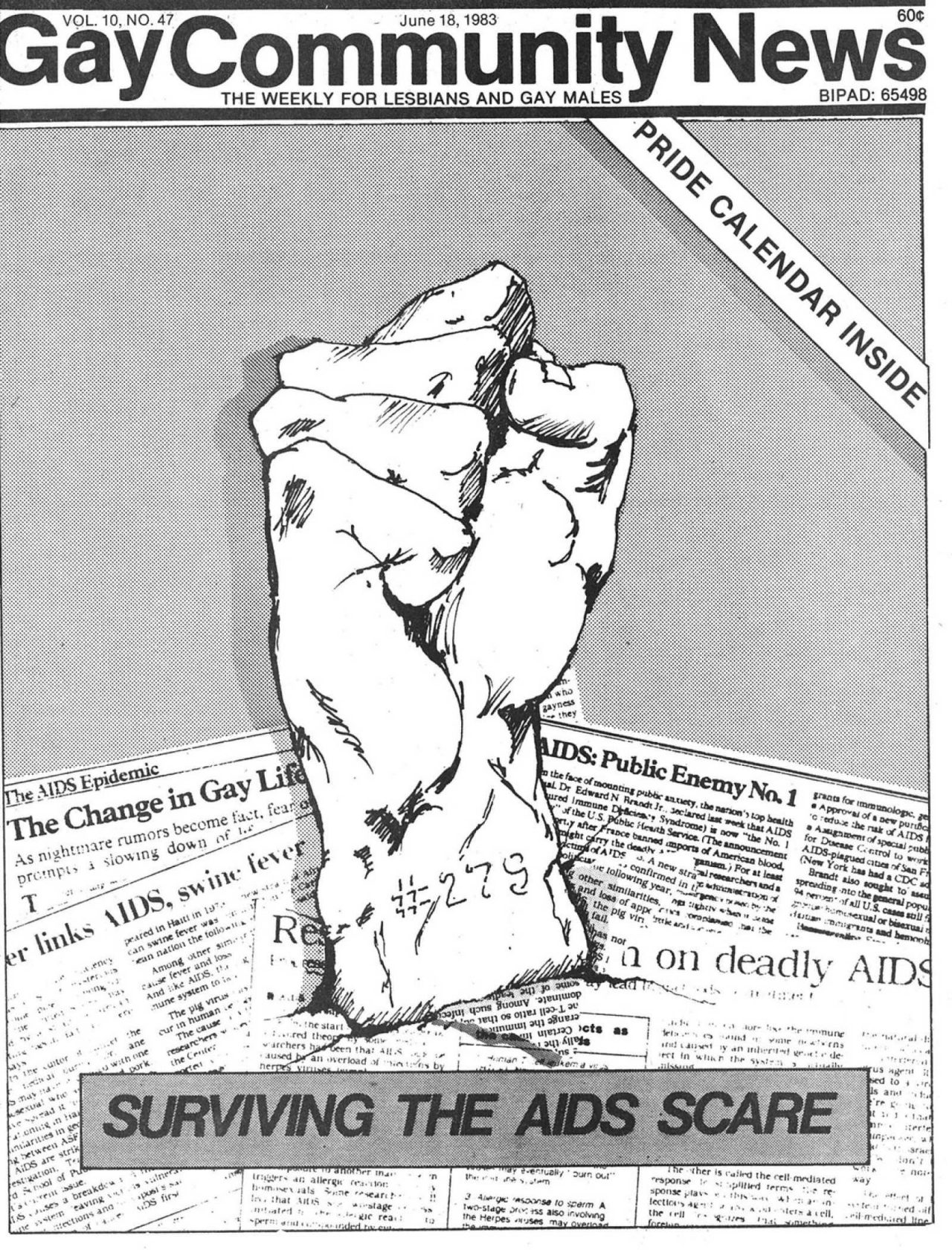 Cover of newspaper Gay Community News featuring headline "Surviving the AIDS Scare" and an illustration of a fist raised in defiance