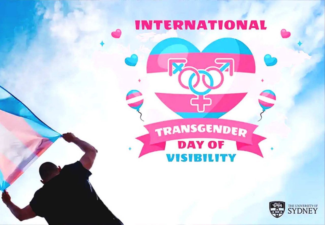 a person raising the trans flag against a blue sky, with a logo of the International Transgender Day of Visibility