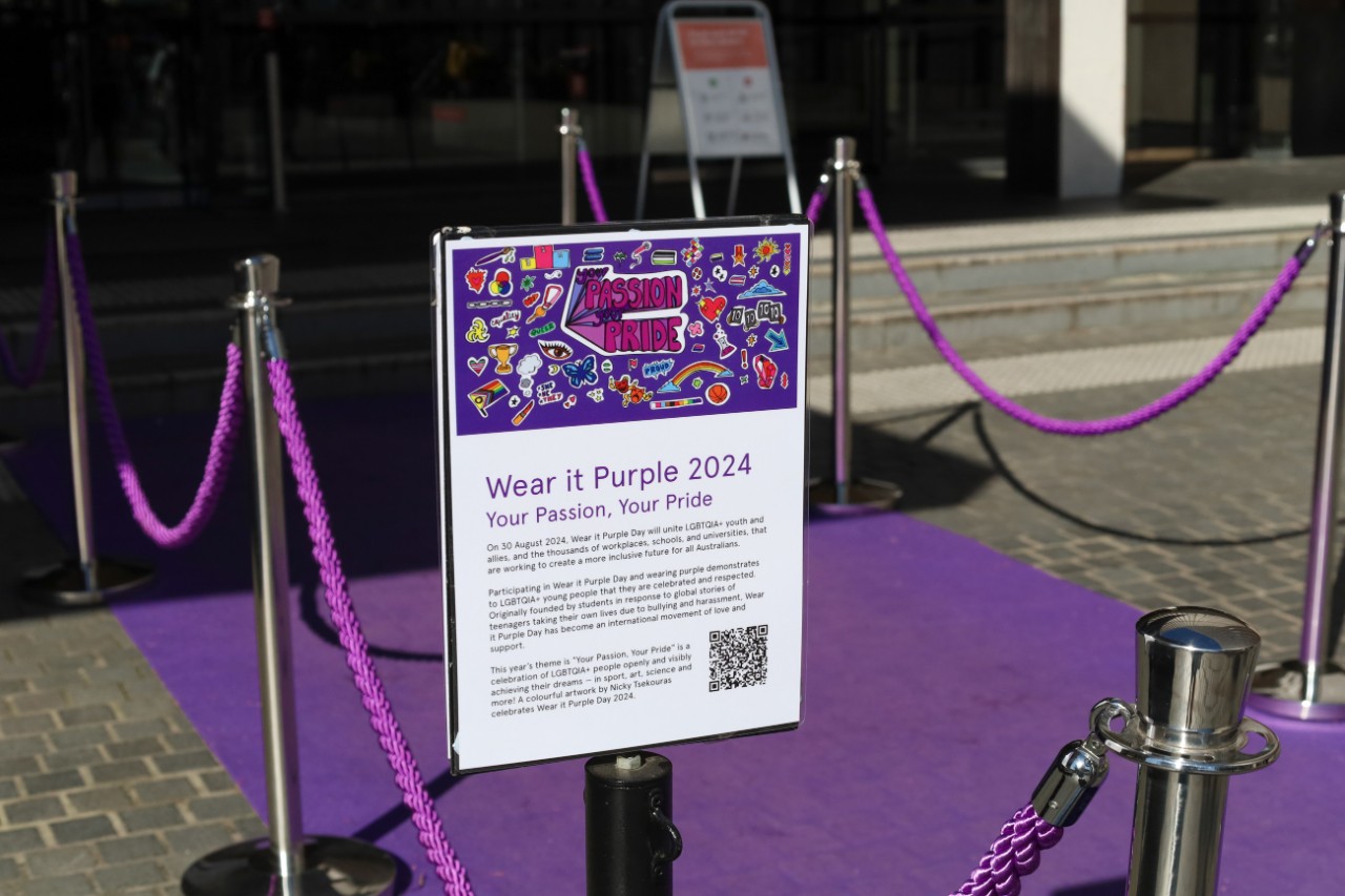Purple carpet in front of Fisher Library