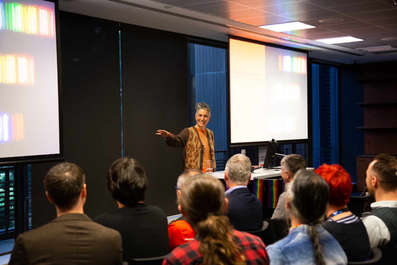 Provost and Deputy Vice-Chancellor, Professor Annamarie Jagose speaking in front of a seated audience