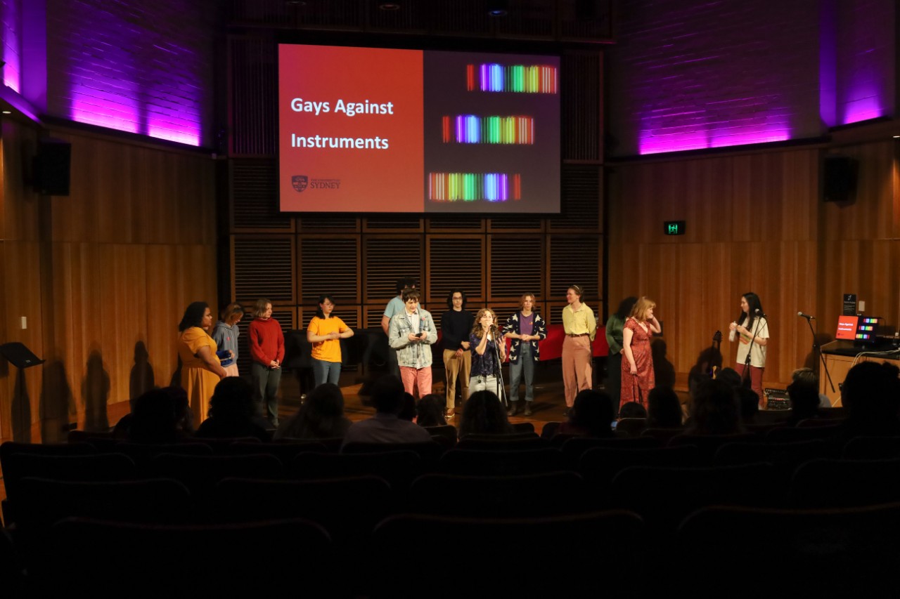 A colour photograph showing an a capella group (comprising 13 people) performing to a live audience. Behind them is a display screen that reads "GAYS AGAINST INSTRUMENTS".