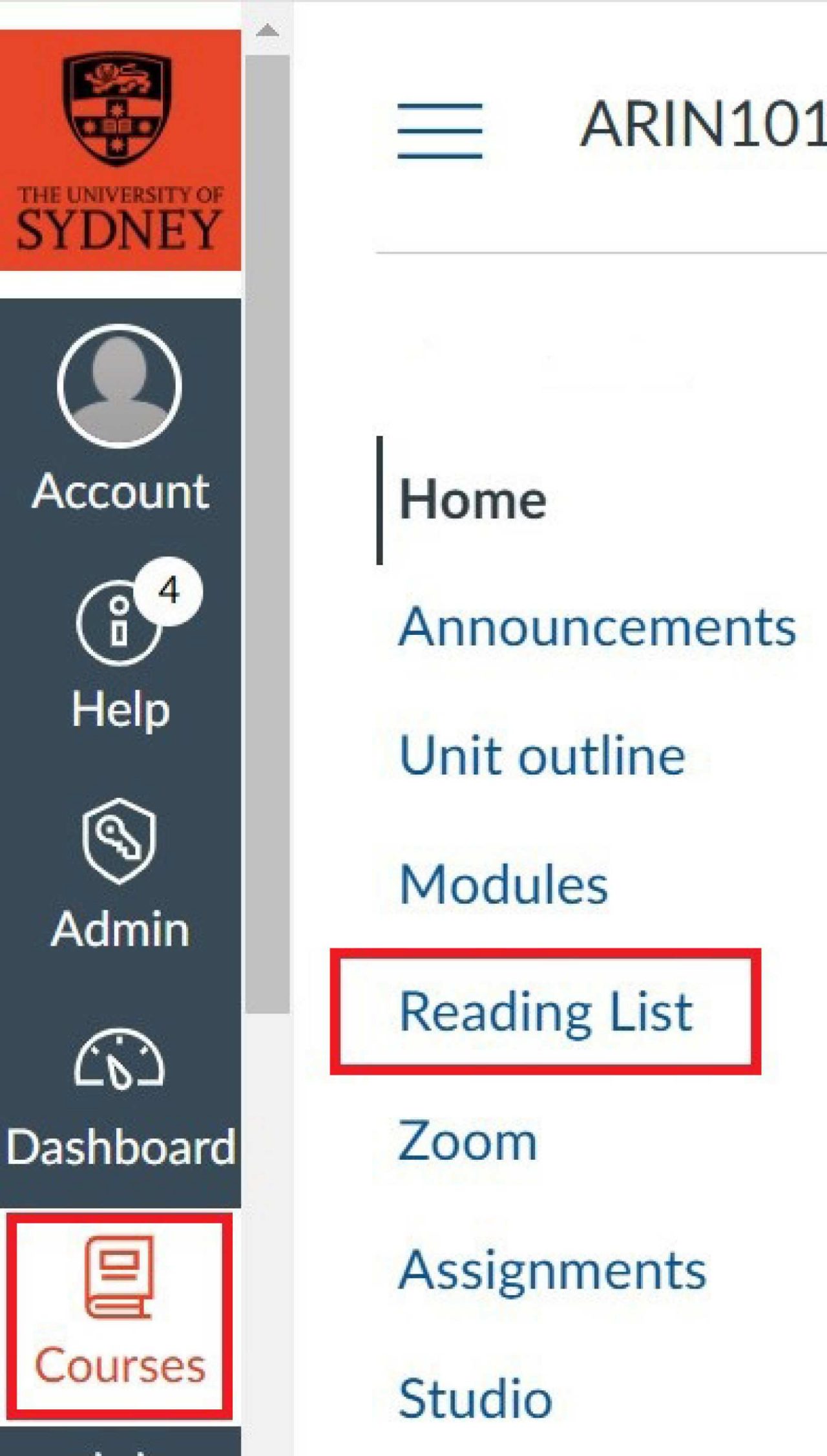 Screenshot of the Reading List button in an example Canvas course.