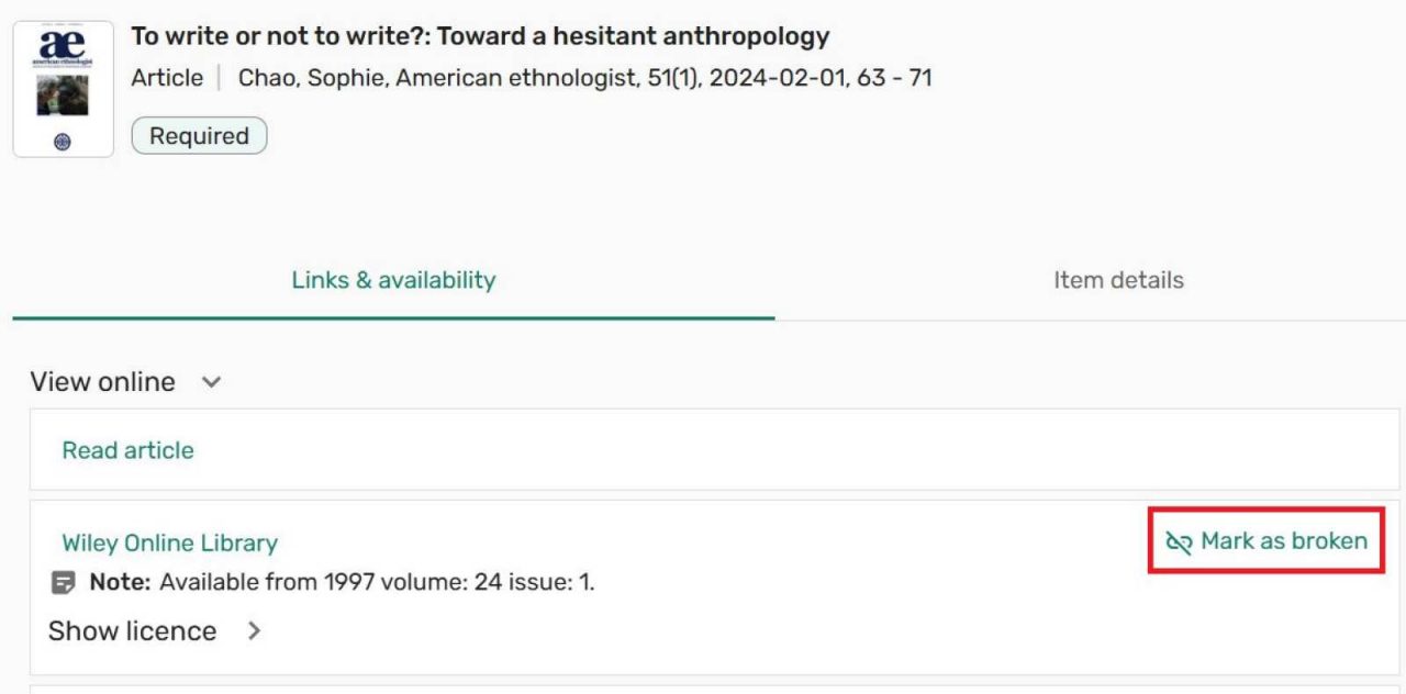 Screenshot of the mark as broken button next to item in Links and availability tab.