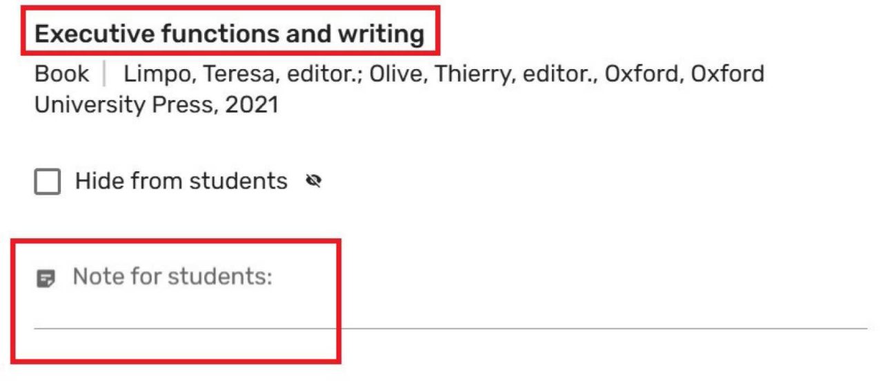 Screenshot of the note for students field after clicking on item title. 