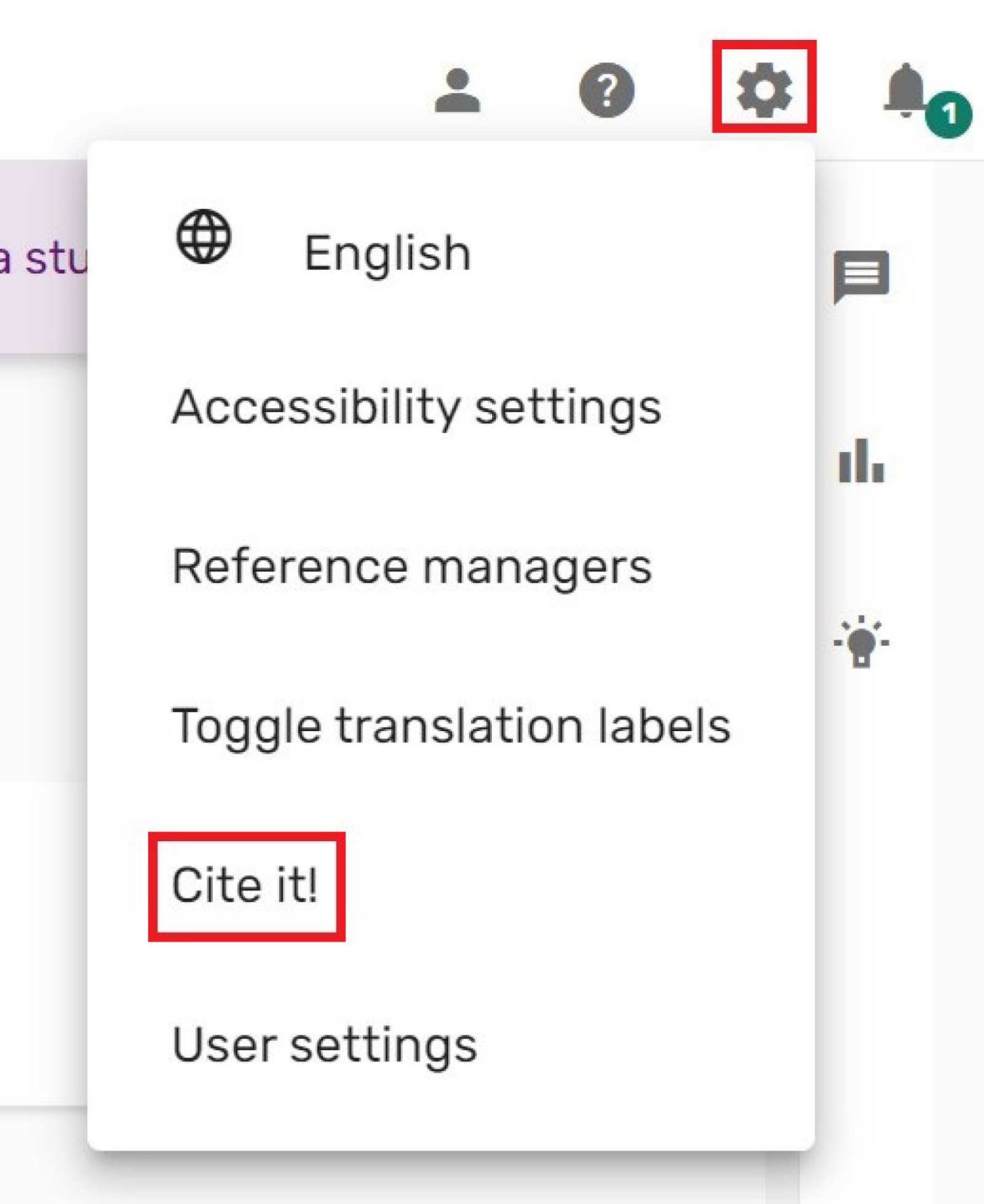 Screenshot of the cite it button after clicking the settings button.