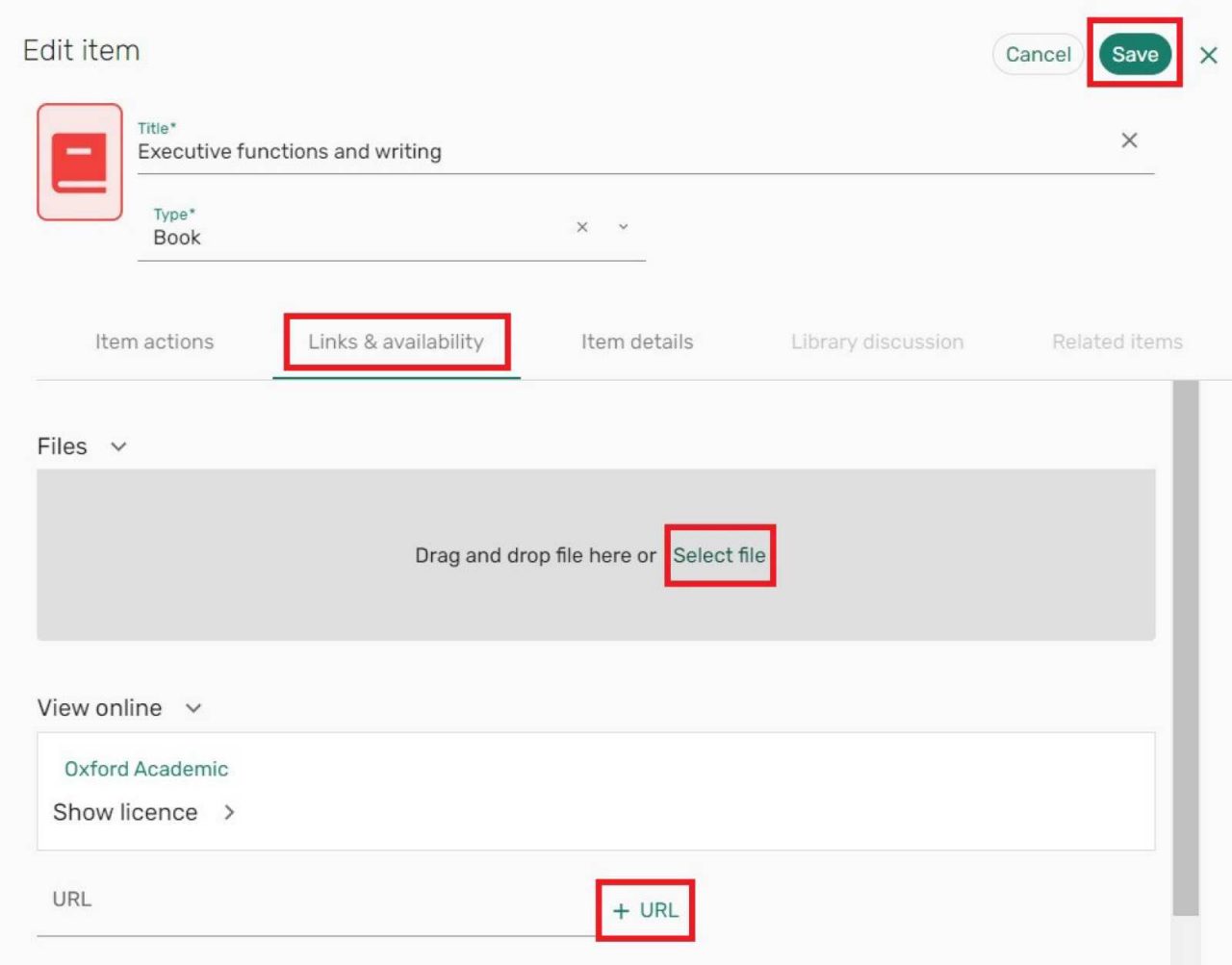 Screenshot in the links and availability tab. Shows the select a file button, add URL button and Save button.