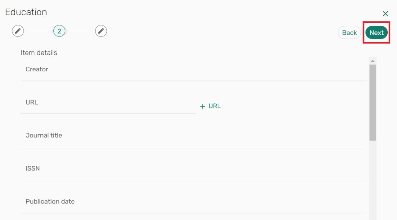 Screenshot of second manual entry page. Shows item details fields: creator, URL, Journal title, ISSN, Publication date, and next button. 