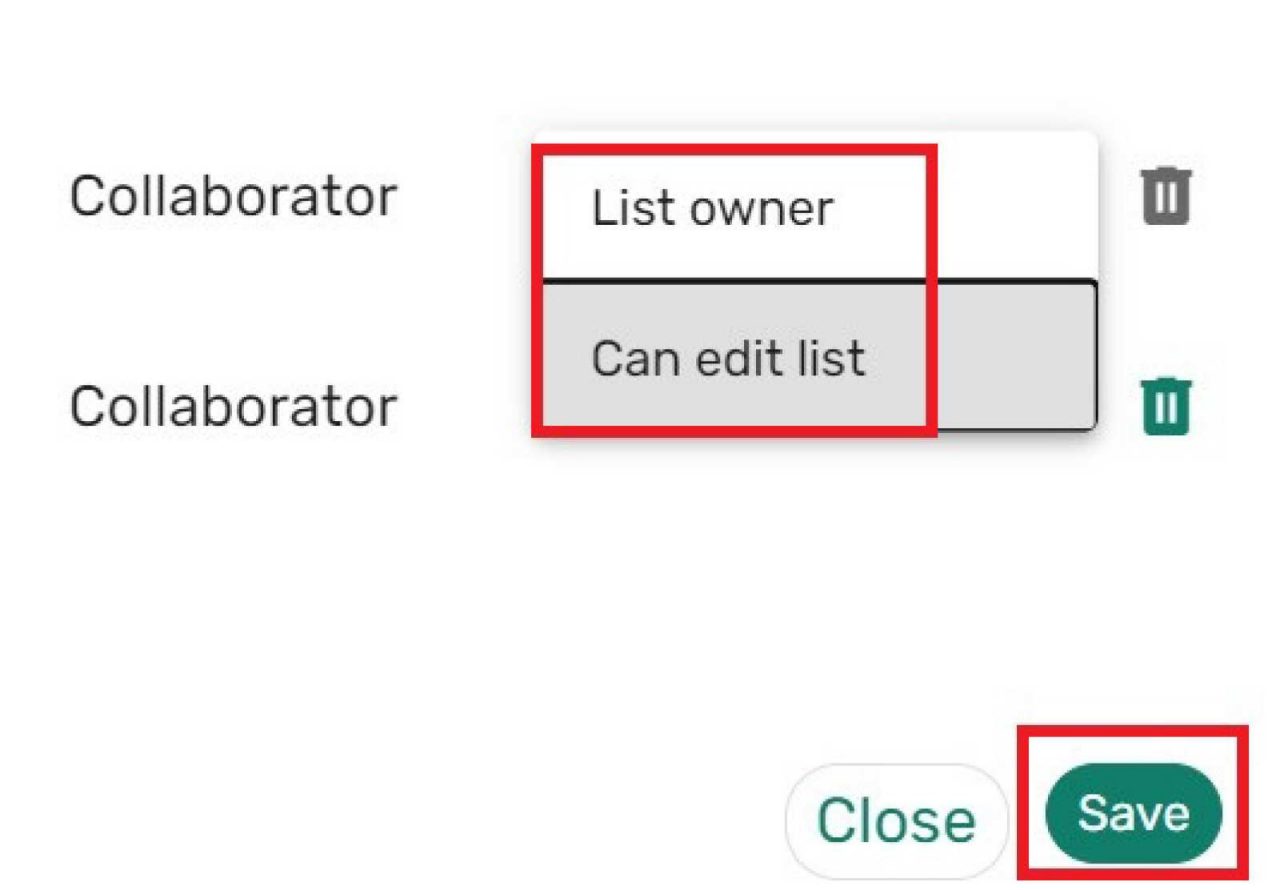 Screenshot of adding collaborators. Shows list owner and can edit list options and save button.