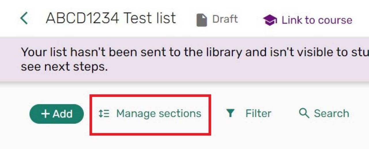 Screenshot of the Manage sections button.