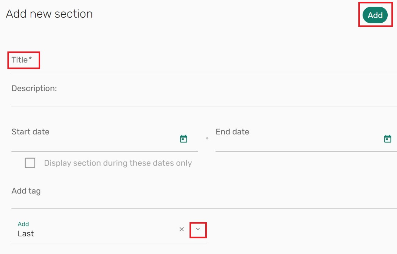Screenshot of the add new section page. Shows title field, add section order and add button.