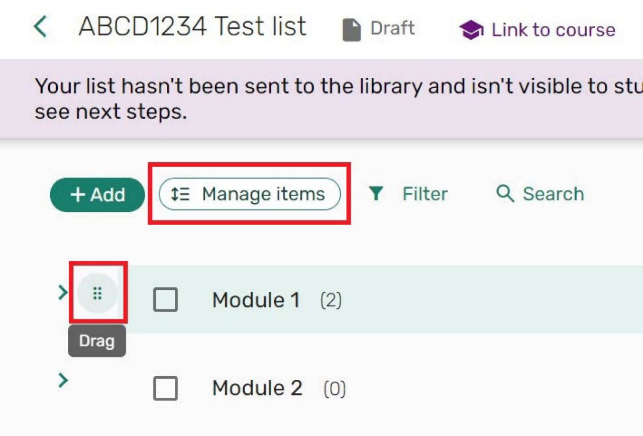 Screenshot of the manage items button and drag button.