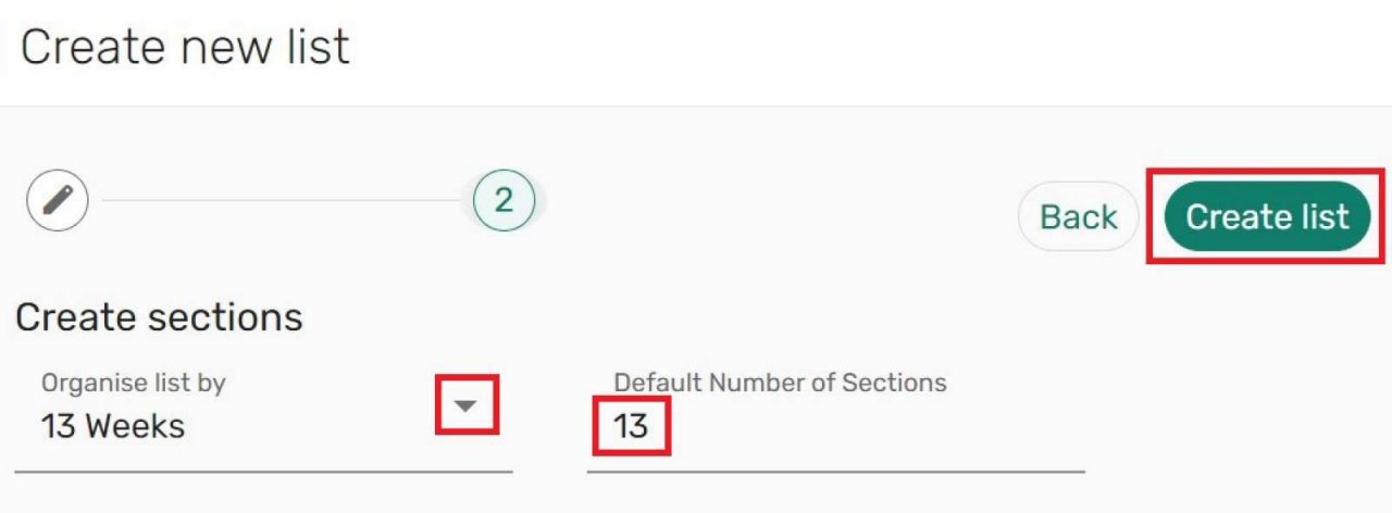 Screenshot of the create new list template. Shows the create sections arrow with template options, number of sections field and create list button.