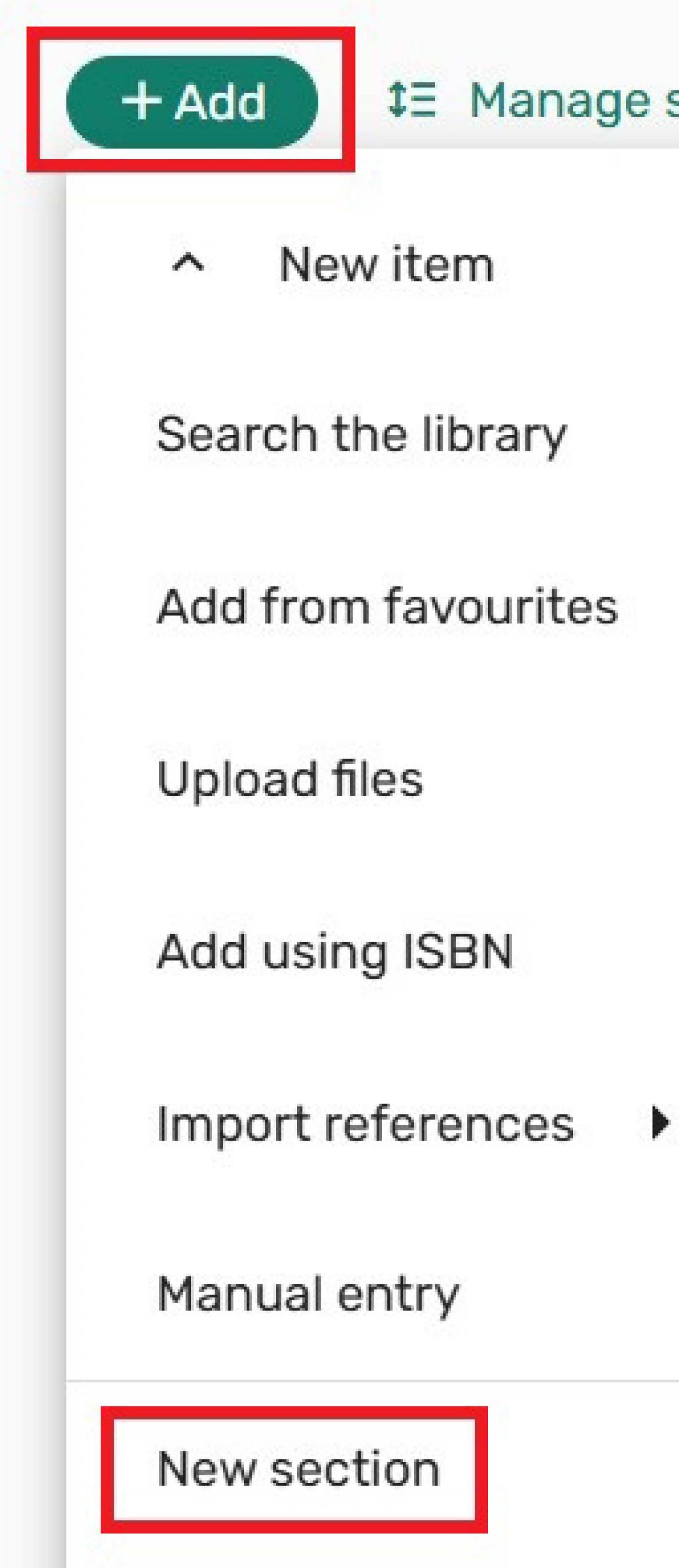 Screenshot of the add button and the new section button.